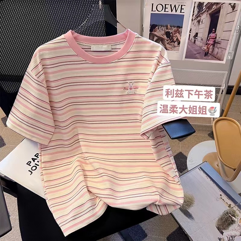 PF16502# 提花 刺绣#兔子T恤女2024夏新条纹宽松上衣女裝貨源服裝批發