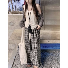 批发实拍 松弛感灰色慵懒防晒外套松紧腰格子裤两件套