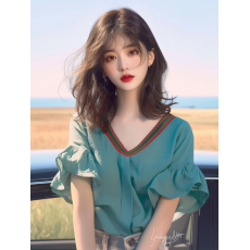 批发夏季小众不撞款V领上衣法式别致独特超好看宽松绿色荷叶边<b class='q'>短袖</b><b class='q'>T</b><b class='q'>恤</b>