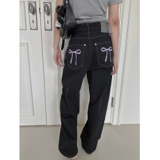 批发现 明线高腰直筒裤好身材丝带刺绣宽松<b class='q'>牛仔裤</b>