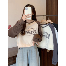 批发韩国外贸长袖<b class='q'>卫衣</b>女春装新款韩版圆领印花拼接百搭显瘦插肩袖上衣