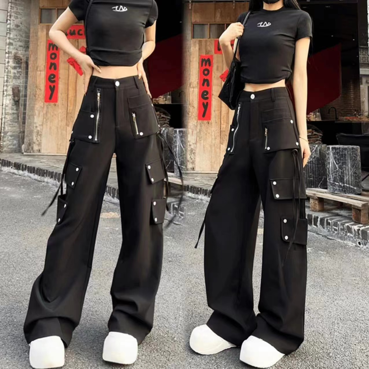 FA35585# 美式潮牌炸街工装裤女四季可穿百搭宽松显瘦多口袋垂感阔腿裤西裤 服裝批發女裝批發服飾貨源
