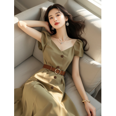 批发卡其色v领连衣裙女新款夏厅里厅气设计师原创收腰通勤高级感<b class='q'>长裙</b>