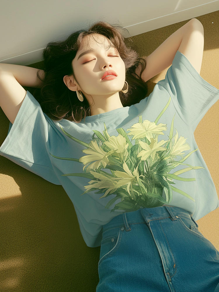 올해 인기 폭발 연령 감소 여름 드레스 고유 한 외국 가스 고급 센스 루즈핏 슬림해 보이는 파란색 프린트 반팔 티셔츠 여성