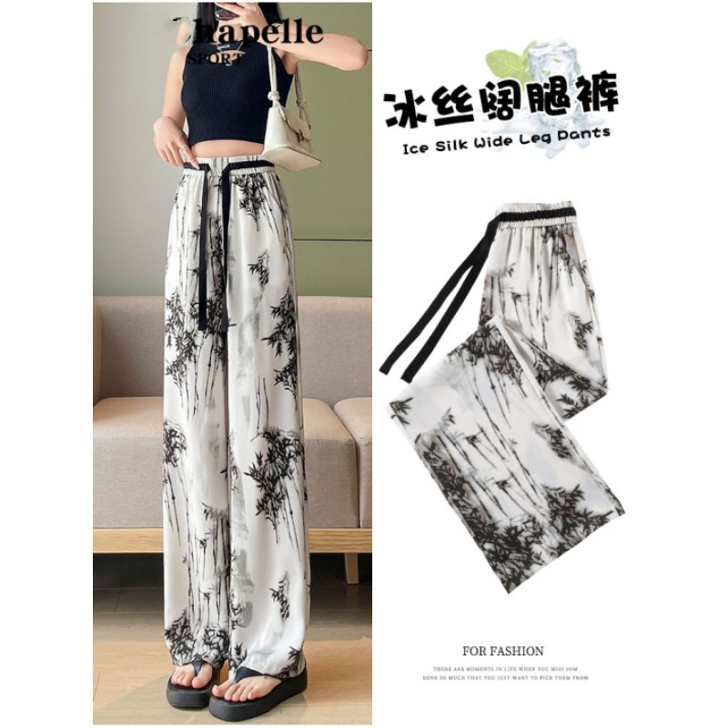 PF16679# 冰丝阔腿裤女夏季薄款水墨国风休闲防晒直筒雪纺印花裤子女裝貨源服裝批發