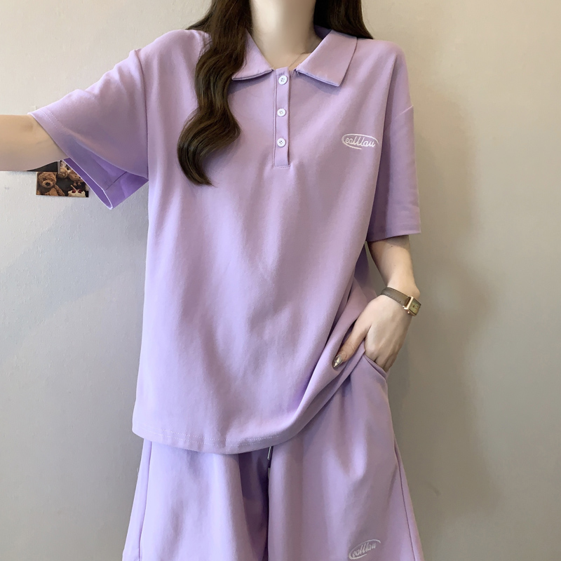 PF16494# 紫色减龄珠地运动服套装女夏季宽松短袖+短裤时尚两件套女裝貨源服裝批發