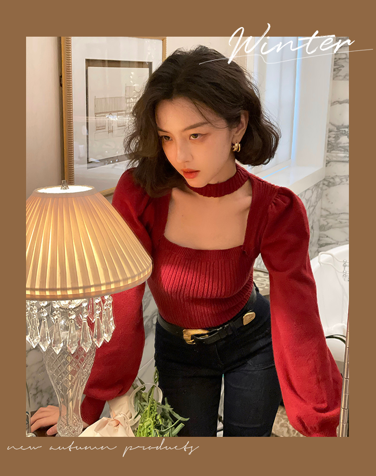 와인 정오 항구 바람 레트로 겨울 새로운 빨간색 행침 목 광장 칼라 털 니트 스웨터 구덩이 기사 인사이드 가져 가라. 슬림해 보이는 기본 셔츠 여성