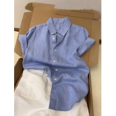 批发蓝色亚麻棉麻Polo领短袖衬衫女<b class='q'>夏</b>季轻熟法式今年流行爆款别致绝美