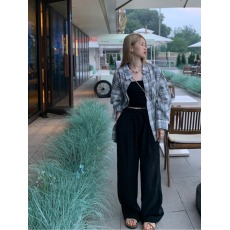 批发休闲慵懒范大码<b class='q'>街头</b>ins格纹衬衫+百搭小吊带休闲宽松显瘦阔腿裤女