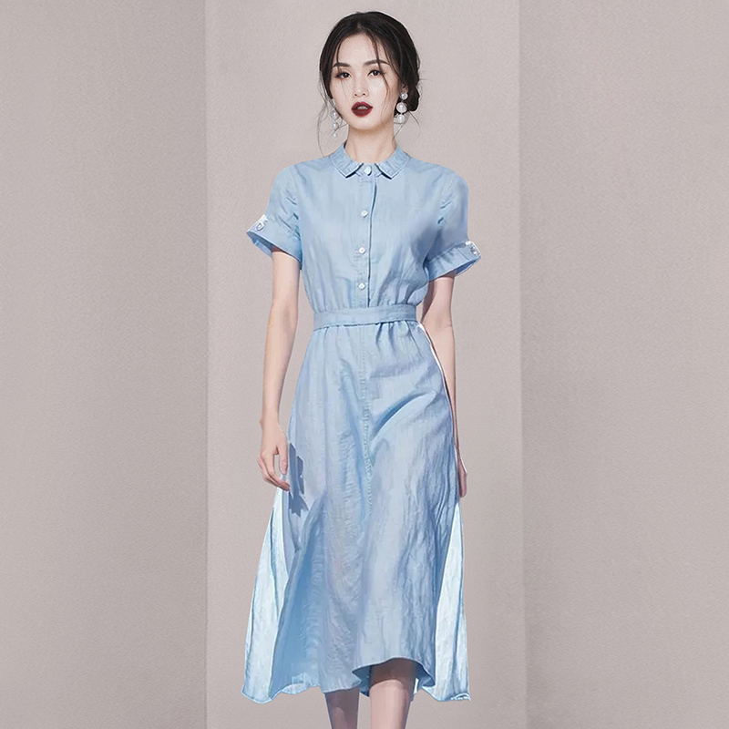 PF17071# 多巴胺穿搭法式收腰长裙高端精致蓝色棉麻连衣裙子2024新款女夏季女裝貨源服裝批發