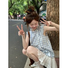 批发实拍   韩系细褶蓝色格子飞飞袖背心小衫设计感上衣