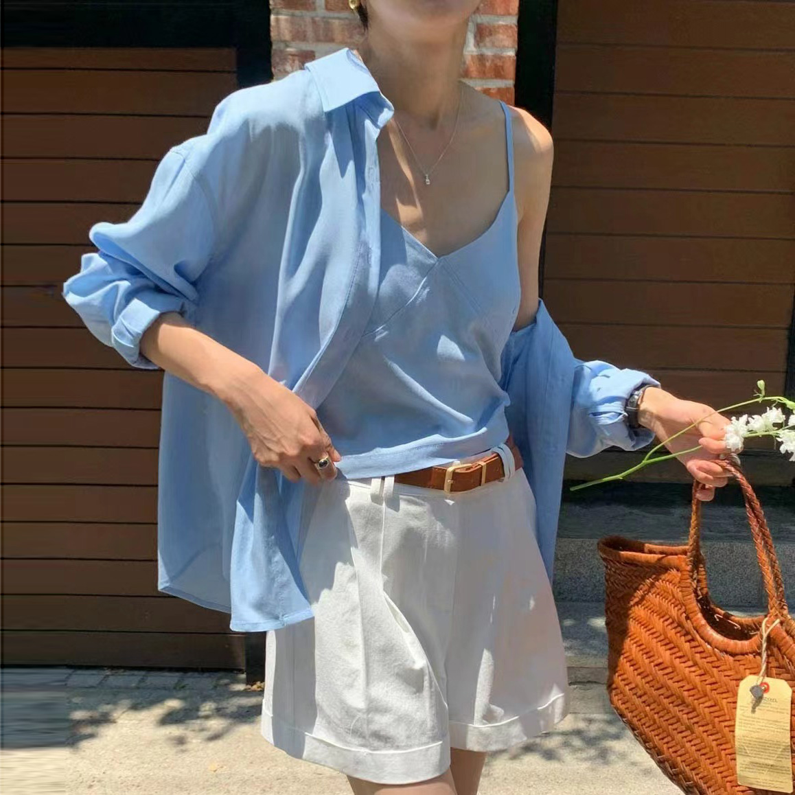 크기 있음 업데이트 한국 느슨함 편안함 단색 루즈핏 폴로 칼라 셔츠 슬립 작은 조끼 세트