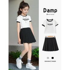 批发230克纯棉双纱<b class='q'>女</b><b class='q'>童</b><b class='q'>夏季</b><b class='q'>短袖</b><b class='q'>套装</b>2026新款休闲中<b class='q'>大</b><b class='q'>童</b>多巴胺两件套