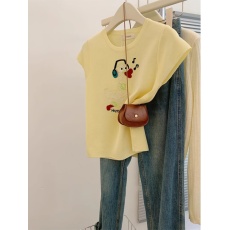 批发黄色圆领短款正肩t恤上衣女修身显瘦小个子针织衫短袖设计感小众