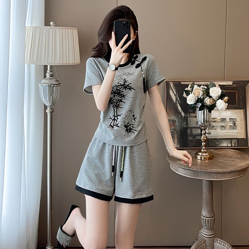 PF16678# 天猫原版做工 纯棉新中式休闲套装女短袖两件套女裝貨源服裝批發