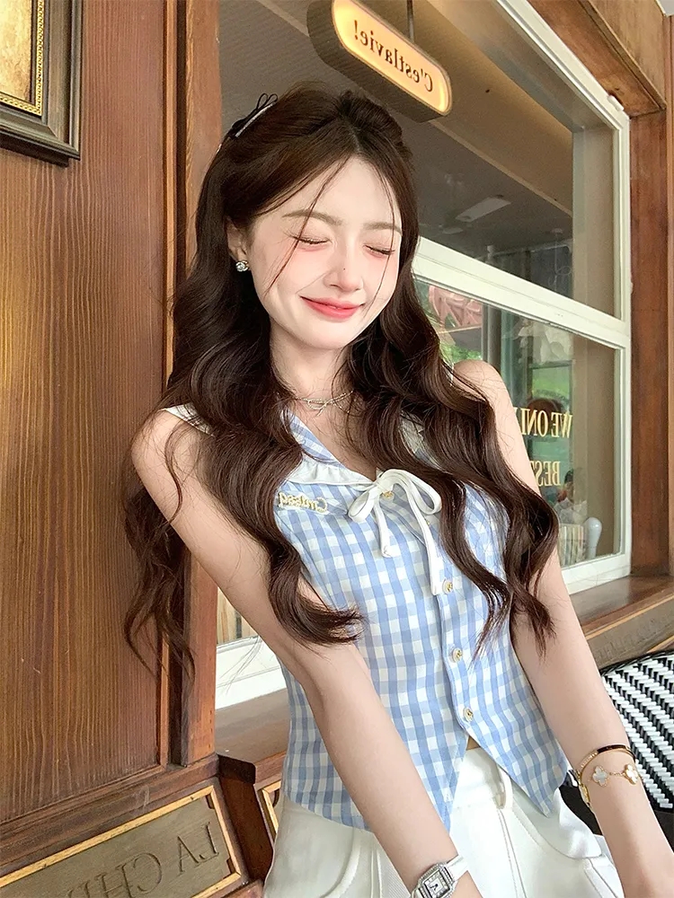 q 여자 집 섬 일주 소녀 해군 칼라 체크무늬 여성 셔츠 여름 2026 새로운 달콤함 연령 감소 쇼트 스타일 맨위
