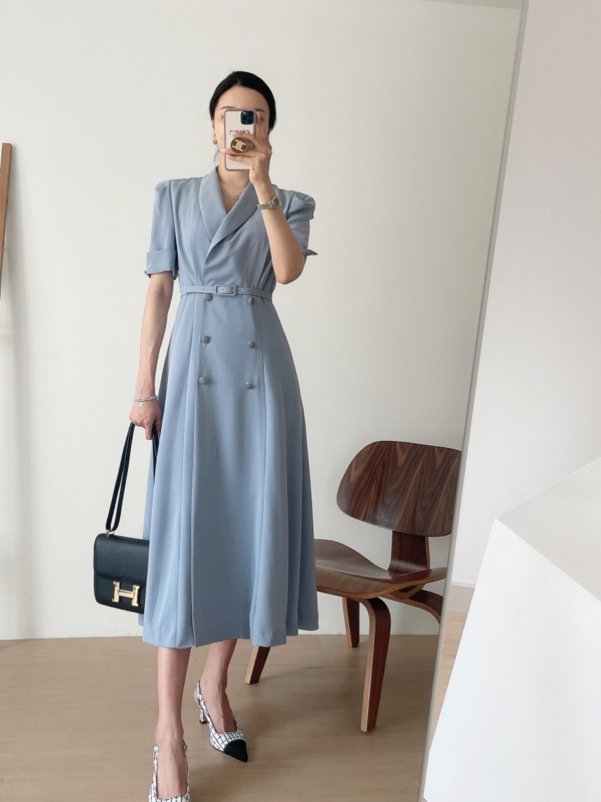 MY5094# chic 双排扣风衣短袖长款连衣裙配腰带女裝貨源服裝批發
