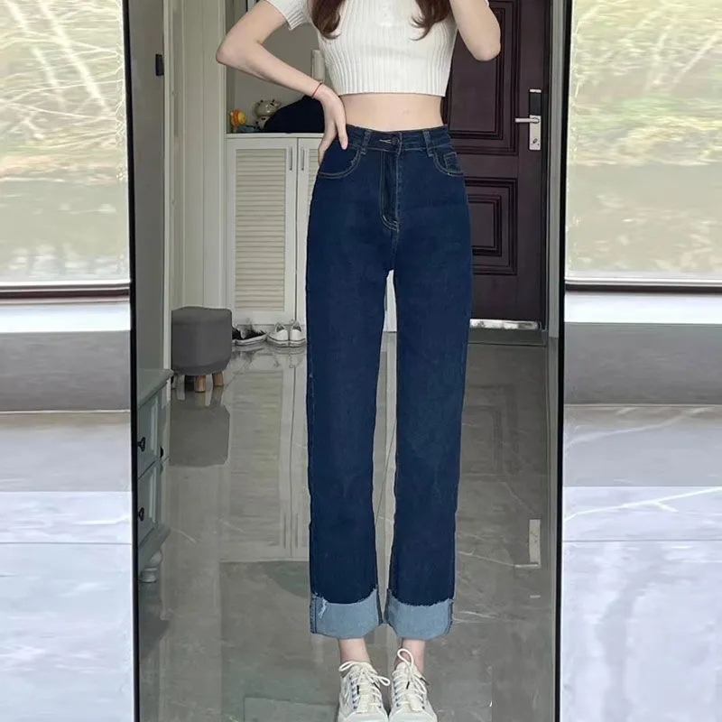 PF16512# 弹力直筒裤女春秋款大码高腰宽松显瘦胖mm遮肉韩版百搭九分烟管裤女裝貨源服裝批發