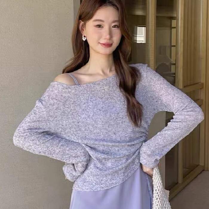 PF16506# 抽绳套头外穿内搭修身打底衫纯色长袖薄针织衫女裝貨源服裝批發