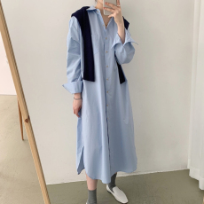 批发秋装新款大码女装韩版单排扣宽松百搭长款衬衫<b class='q'>连衣裙</b>