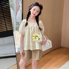 批发<b class='q'>女童</b>夏<b class='q'>季</b>套装中大童洋气女孩泡泡袖<b class='q'>娃娃衫</b>短袖短裤两件套