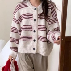 批发韩系加厚针织开<b class='q'>衫</b>女秋冬新款高级感宽松<b class='q'>条纹</b>毛衣设计感小个子外套