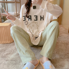 批发梦<b class='q'>记</b>M-5XL 35提花棉睡衣春季长袖套头家居服套装大码