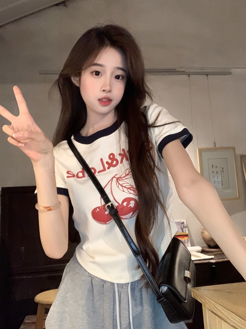 PF16675# 短袖t恤夏2024潮印花正肩修身短款圆领上衣女装女裝貨源服裝批發