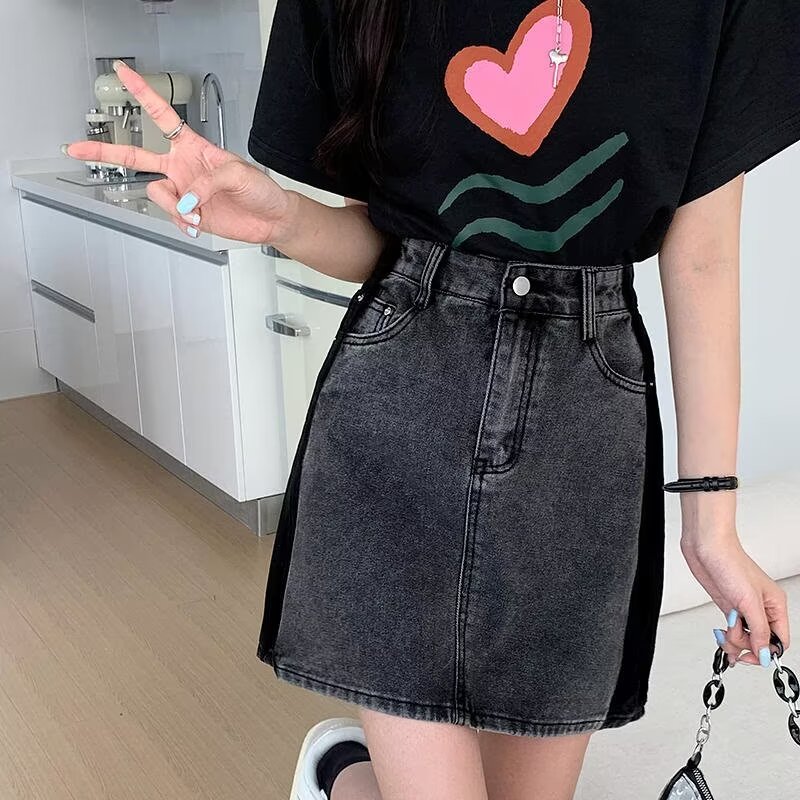 PF16486# 拼接撞色牛仔短裙2024港风新款女a字半裙百搭胖mm大码包臀裙子潮女裝貨源服裝批發