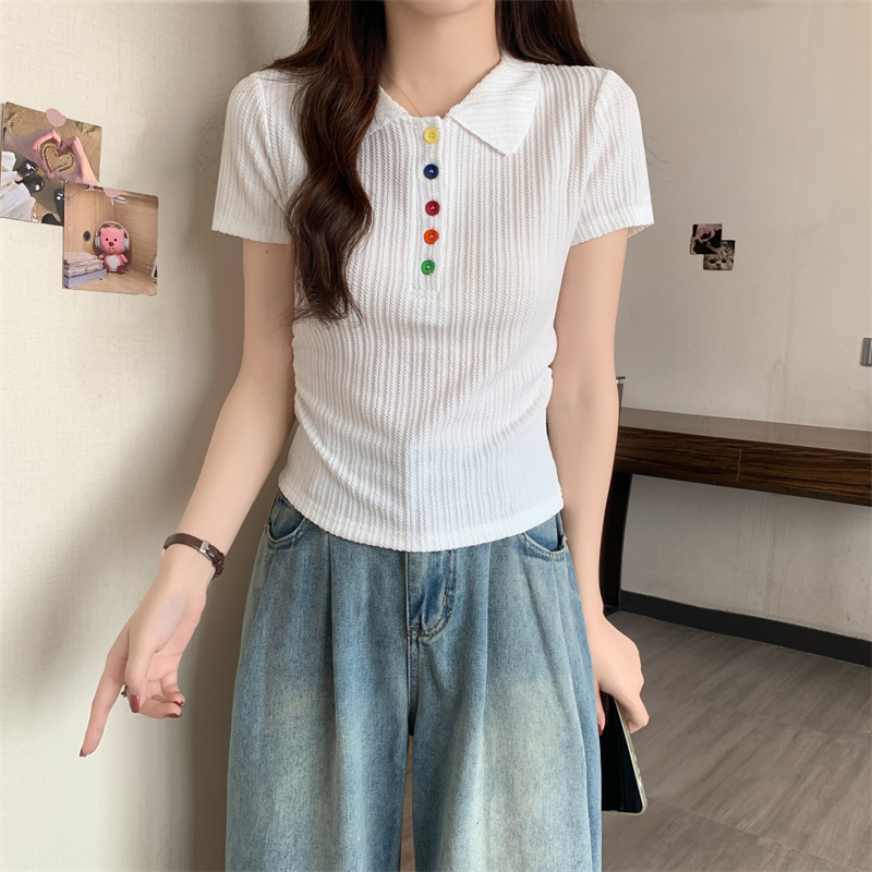 PF16868# 实拍夏季新款小个子修身显瘦收腰褶皱彩色纽扣Polo领短袖T恤女
