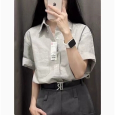 批发灰色短袖衬衫女高级感<b class='q'>通勤</b>法式洋气翻领上衣夏季新款宽松百搭衬衣