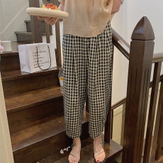 批发棉麻黑白格子裤女夏薄款宽松九分亚麻休闲阔腿裤