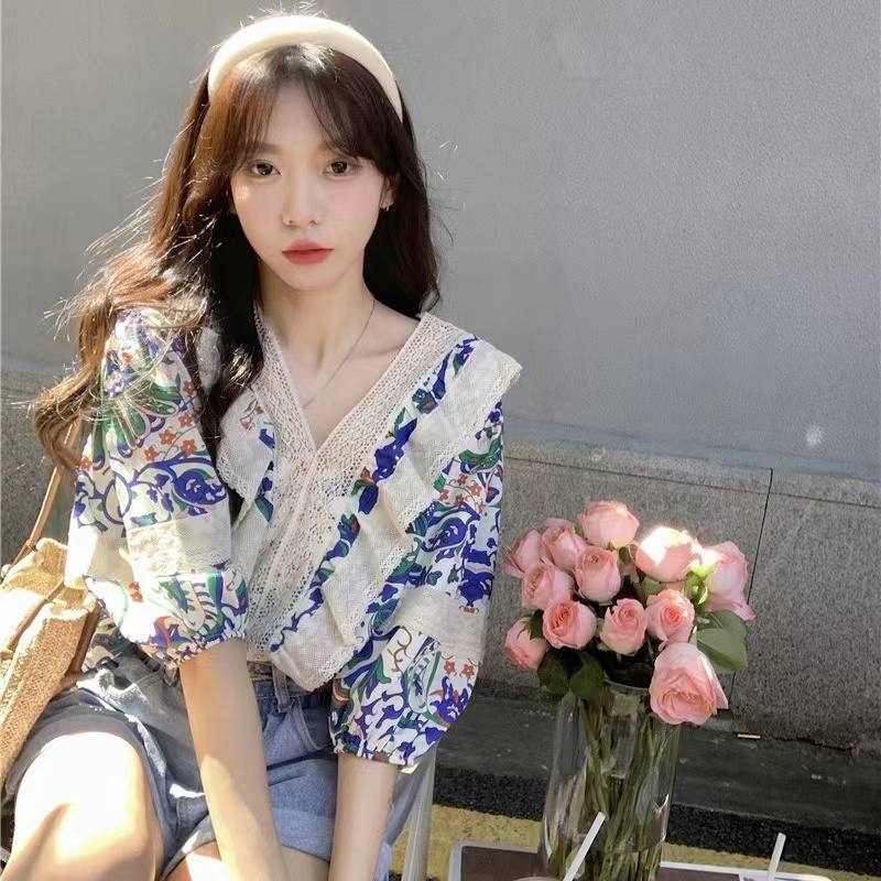 PF16710# 波西米亚风2024法式泡泡袖衬衫女设计感小众上衣夏季新款宽松短袖女裝貨源服裝批發