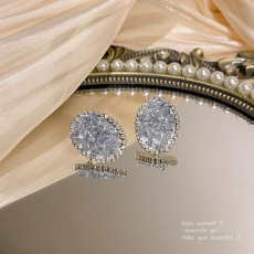 批发S925银针超仙渐变蓝色水晶耳环女小清新百搭气质碎钻几何形耳钉