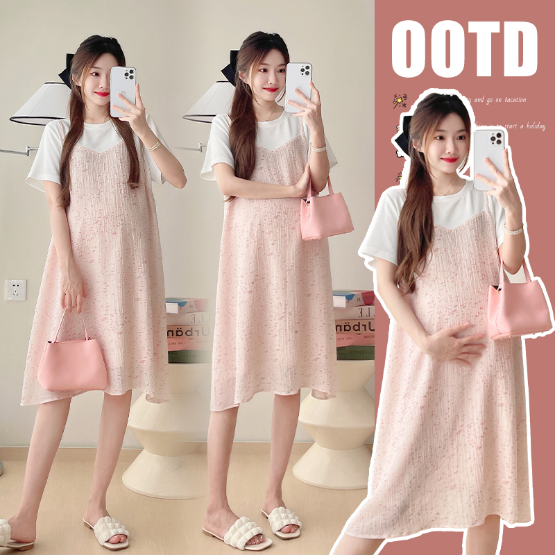 실사 임산부 여름 신제품 다용도 페이크 레이어드 패치워크 슬림해 보이는 드레스