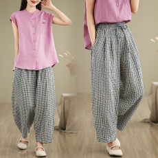 批发夏季新款亚麻薄文艺新品泡泡纱微皱复古格纹萝卜裤休闲裤
