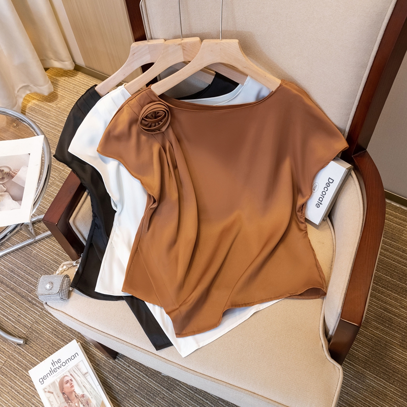 PF16664# 夏装新款胖MM小众设计感别致气质立体花朵不规则短袖上衣女裝貨源服裝批發