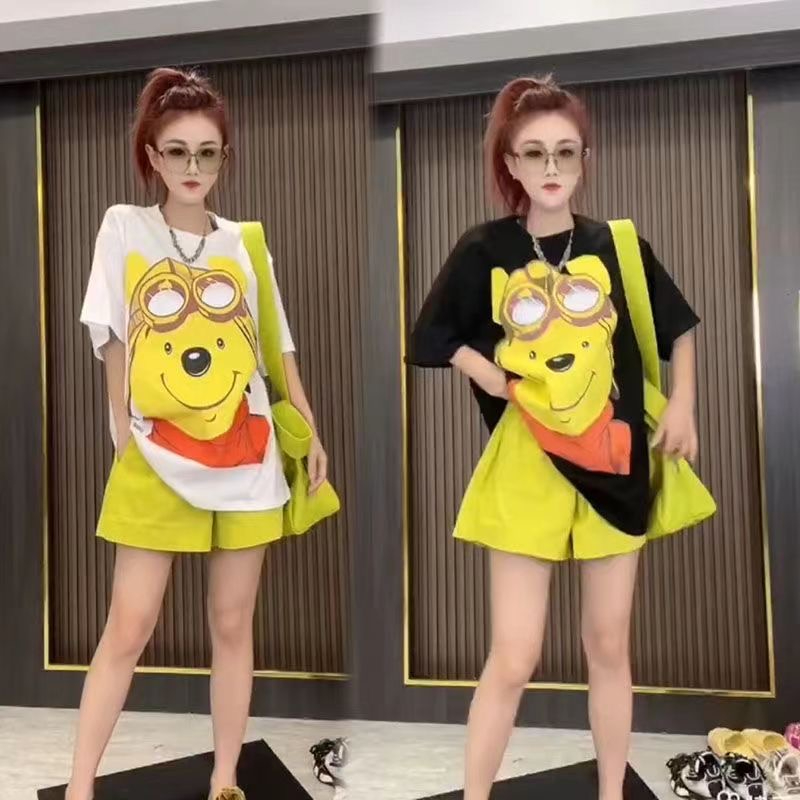 PF16651# 夏季300斤大码女装卡通印花上衣短裤套装休闲百搭宽松显瘦t恤套装女裝貨源服裝批發