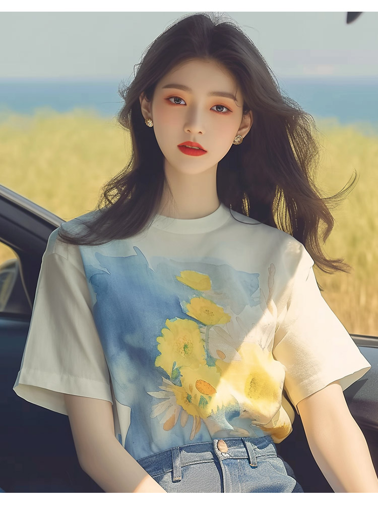 여름 폭발 색상 유화 반팔 티셔츠 작은 키 루즈핏 Chic 슈퍼 잘 생긴 화이트 라운드 넥 프린트 맨위