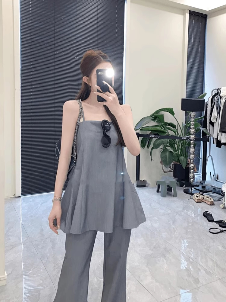 FA36931# 时尚气质休闲套装女夏季新款高级感西装吊带背心直筒阔腿裤两件套 服裝批發女裝批發服飾貨源