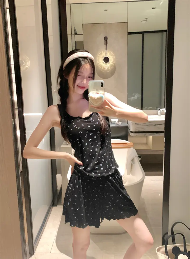 한국인기 플라워 브라탑 민소매 쇼츠 홈웨어 세트 상세 이미지 5