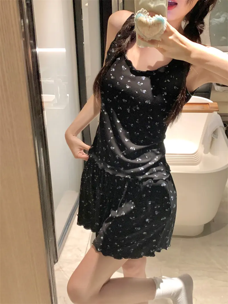 한국인기 플라워 브라탑 민소매 쇼츠 홈웨어 세트 상세 이미지 6