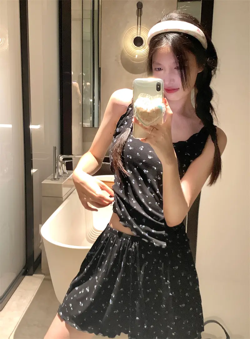 한국인기 플라워 브라탑 민소매 쇼츠 홈웨어 세트 상세 이미지 11