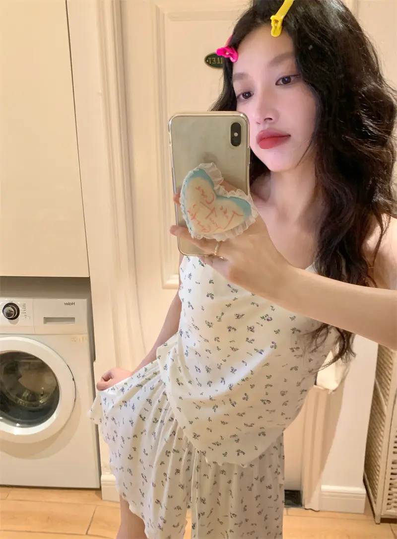 한국인기 플라워 브라탑 민소매 쇼츠 홈웨어 세트 상세 이미지 20