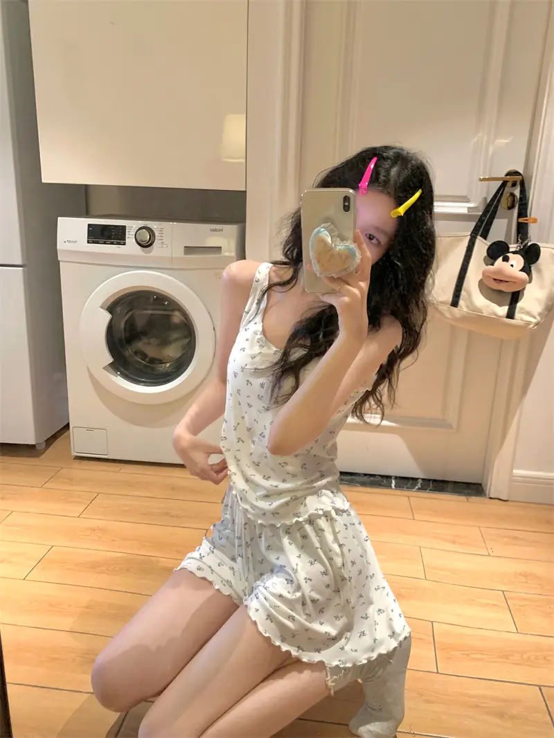 한국인기 플라워 브라탑 민소매 쇼츠 홈웨어 세트 상세 이미지 23