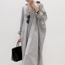 批发夏装新款大码女装棉麻条纹<b class='q'>开衫</b>宽松气质通勤连衣裙M-4XL200斤