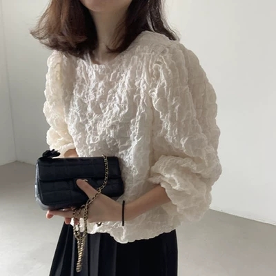 가을 의상 새로운 빅 사이즈 여성 의류 한국어 지방 mm 버블 그리드 다용도 긴팔 셔츠 맨위