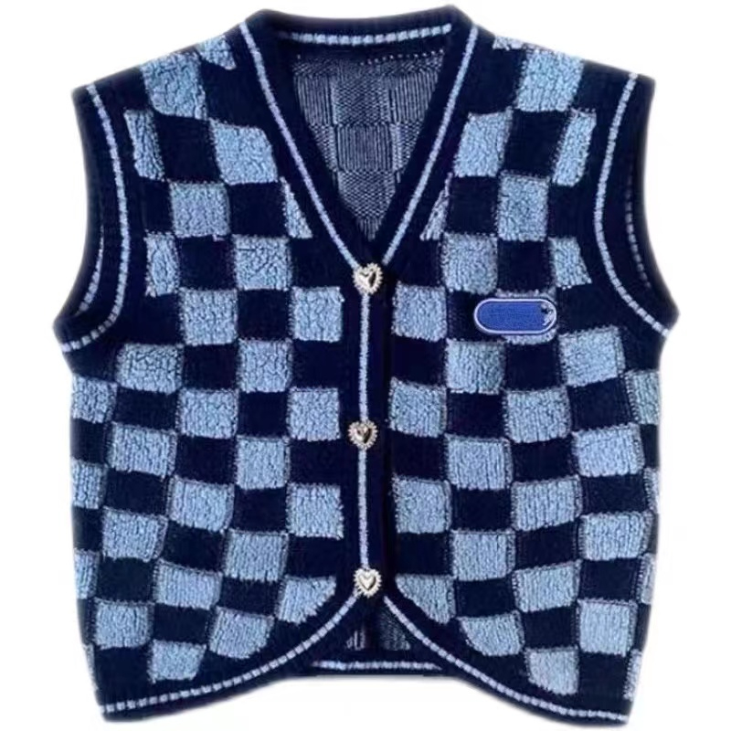 Ju Jingyi same style blue plaid knitted vest loose lazy style lamb wool coat sweater autumn women