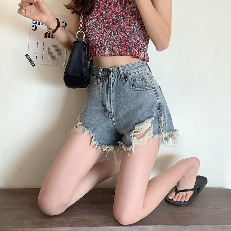 PF16877# 破洞牛仔短裤女夏季性感网红毛边外穿热裤高腰显瘦复古辣妹a字裤