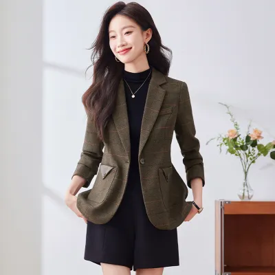 韩式英伦风格子西装外套女秋冬新款通勤港风时尚一粒扣OL西装外套